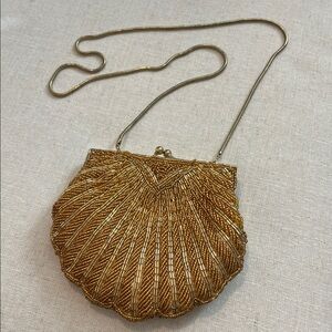 Gold beaded Clam Shell Evening Bag Glam embellished clutch cocktail, Vegas